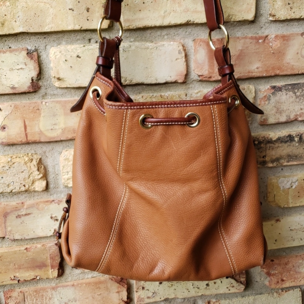 Dooney & Bourke Cognac Pebble Leather Drawstring Shoulder Bag - Picture 5 of 8
